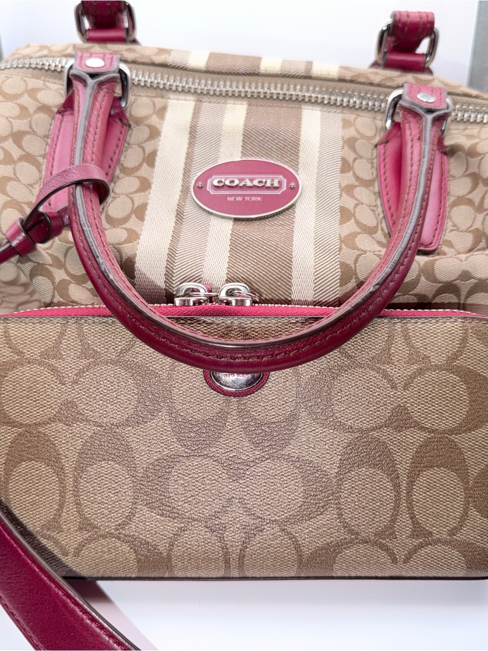 COACH Sig East/West Satchel in black cherry/khaki/Tan & Peyton Wallet include